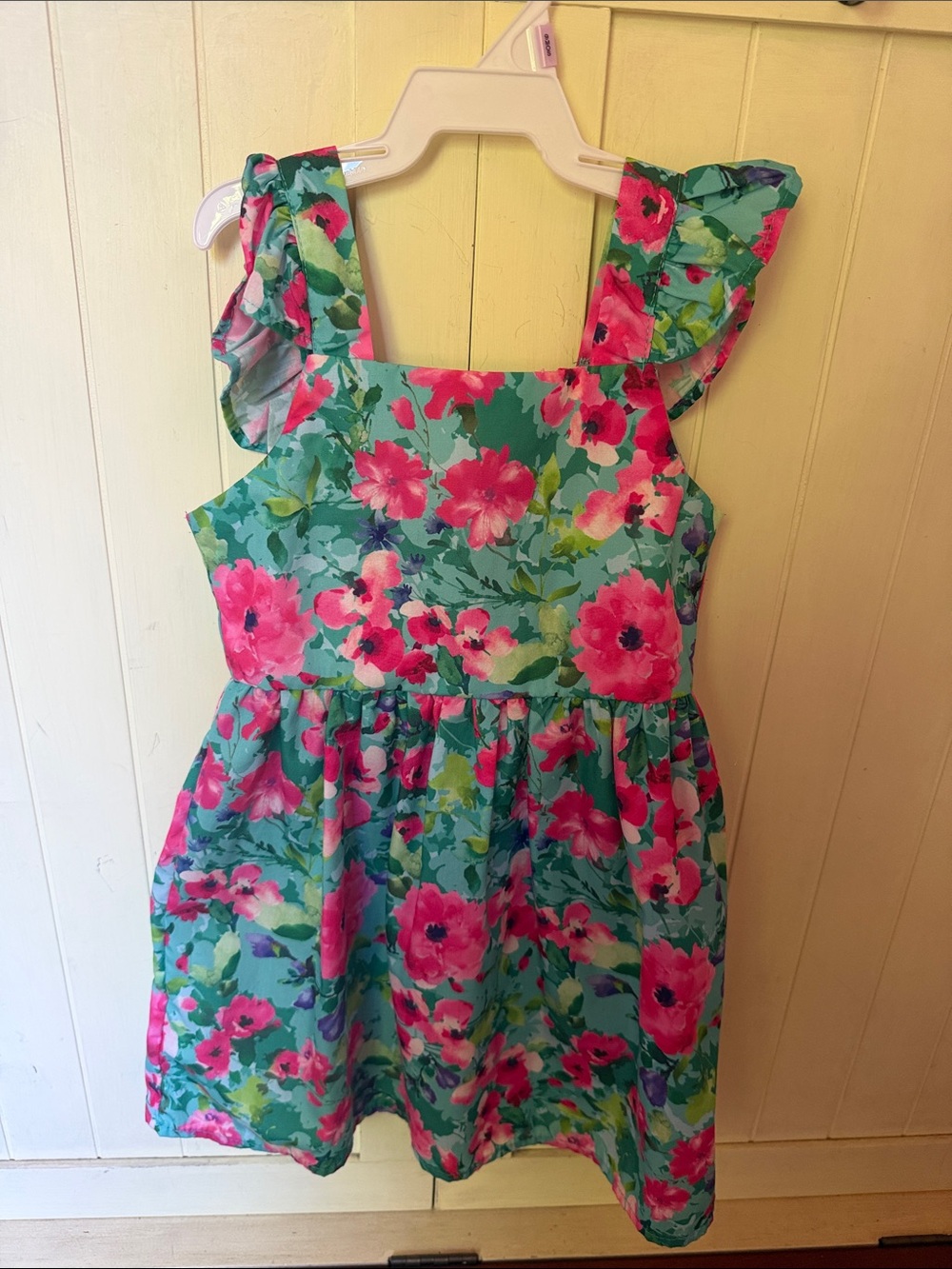 Girls Teal Floral Ruffle-Shoulder Dress with Pink Blooms